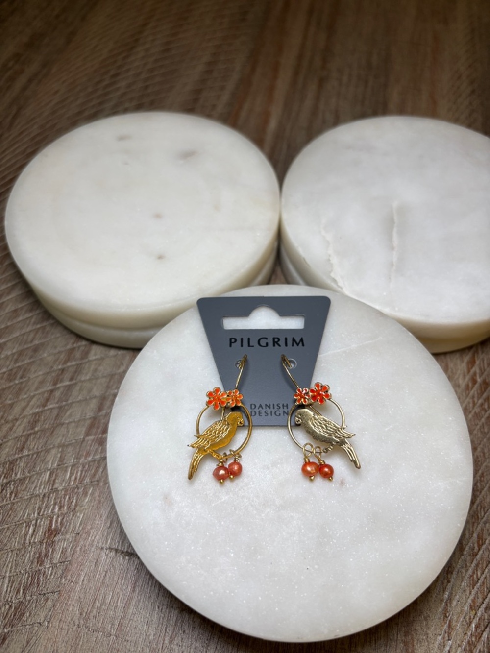 256 Pilgrim Gold Bird Hoop Earrings with Orange Flower and Coral Beads